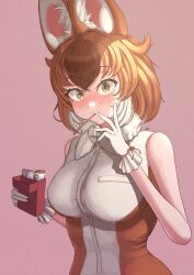 Rule 34 | 1girl, animal ears, bare shoulders, blush, bow, breasts, brown hair, dhole (kemono friends), dog ears, dog girl, dog tail, extra ears, falr illust, food, food in mouth, gloves, highres, holding, holding food, holding pocky, kemono friends, kemono friends 3, large breasts, looking at viewer, multicolored hair, pocky, pocky in mouth, shirt, short hair, sleeveless, solo, tail, two-tone hair, white hair