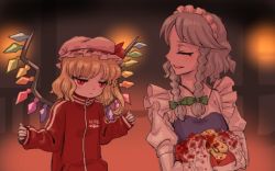 Rule 34 | 2girls, blonde hair, blood, blood on clothes, blue vest, braid, closed eyes, commentary, flandre scarlet, frilled hat, frills, grey hair, hat, izayoi sakuya, long sleeves, maid, maid headdress, meimaru inuchiyo, mob cap, multiple girls, open mouth, puffy short sleeves, puffy sleeves, red eyes, short sleeves, side ponytail, sleeves past wrists, smile, touhou, track suit, twin braids, upper body, vest, white hat, wings, zipper, zipper pull tab
