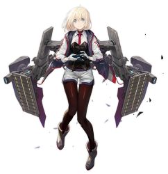 Rule 34 | 1girl, aircraft, azur lane, bataan (azur lane), blonde hair, blue eyes, bodysuit, boots, closed mouth, corset, f6f hellcat, flight deck, full body, gloves, holding, jacket, long sleeves, looking at viewer, machinery, necktie, nin (lion), official art, open clothes, open jacket, red necktie, shirt, short hair, short shorts, shorts, smile, solo, transparent background, white gloves, white shirt, white shorts, wing collar