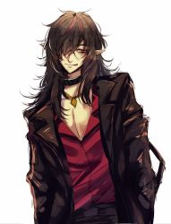 Rule 34 | 1boy, :q, arknights, black hair, blazer, choker, hair over one eye, highres, jacket, long hair, male focus, midnight (arknights), necktie, nga (ray ray), ponytail, red hair, simple background, smile, solo, tongue, tongue out, white background