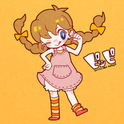 Rule 34 | 1girl, 73 (naa), asymmetrical legwear, bloomers, blue eyes, bow, bright pupils, brown hair, clenched hand, dress, freckles, full body, licking lips, mother (game), mother 1, nintendo, one eye closed, orange background, orange bow, pinafore dress, pink dress, pippi (mother), red footwear, sleeveless, sleeveless dress, smile, socks, solo, striped clothes, striped socks, tongue, tongue out, translation request, underwear, white bloomers, white pupils