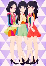 Rule 34 | 3girls, asymmetrical clothes, a~chan, bad id, bad pixiv id, bare legs, black hair, blue eyes, blunt bangs, bob cut, dress, floral print, full body, hand on another&#039;s hip, hand on own face, hand on own hip, high heels, highres, kashiyuka, kise (swimmt), long hair, looking at viewer, multiple girls, nocchi (perfume), perfume (band), ponytail, purple eyes, red eyes, shoes, short hair, short sleeves, simple background, skirt, smile, standing, triangle