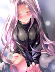 Rule 34 | 00s, 1girl, blush, breasts squeezed together, breasts, closed eyes, fate/stay night, fate (series), huge breasts, long hair, long sleeves, medusa (fate), medusa (rider) (fate), official alternate costume, shiranagi, solo, thighhighs, very long hair
