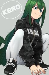 Rule 34 | 1girl, alternate costume, asui tsuyu, black footwear, black jacket, blue eyes, blush, boku no hero academia, breasts, camouflage, camouflage jacket, casual, closed mouth, clothes writing, commentary, full body, green hair, grey background, hair between eyes, hair rings, highres, jacket, kobaji, long hair, long sleeves, looking at viewer, medium breasts, pants, romaji text, shoes, simple background, smile, sneakers, solo, speech bubble, spread legs, squatting, straight hair, tight clothes, tight pants, turtleneck, white pants, yoga pants, zipper