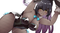 Rule 34 | 1girl, animal ears, armpits, bare shoulders, black hair, black leotard, blue archive, blue bow, bow, breasts, cleavage, commentary request, cowboy shot, dark-skinned female, dark skin, detached collar, earrings, fake animal ears, fishnet pantyhose, fishnets, gloves, high ponytail, highres, jewelry, karin (blue archive), karin (bunny) (blue archive), large breasts, leotard, long hair, looking at viewer, lsheng, open mouth, pantyhose, playboy bunny, rabbit ears, rabbit tail, sidelocks, tail, very long hair, white background, white gloves, wrist cuffs, yellow eyes