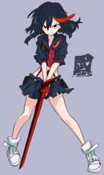 Rule 34 | 1girl, artist name, bad id, bad twitter id, black hair, black shirt, black skirt, blouse, blue background, closed mouth, crop top, dated, frown, full body, gloves, high tops, highres, holding, holding sword, holding weapon, kill la kill, looking at viewer, matoi ryuuko, miniskirt, multicolored hair, navel, neckerchief, pleated skirt, red gloves, red neckerchief, revealing clothes, scissor blade (kill la kill), shirt, shoes, short hair, short sleeves, signature, simple background, single glove, skirt, sneakers, solo, standing, streaked hair, suspender skirt, suspenders, sword, take shinobu, two-tone hair, v-shaped eyebrows, weapon, white footwear