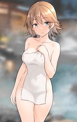 Rule 34 | 1girl, blurry, blurry background, breasts, brown hair, collarbone, covered navel, covering privates, flipped hair, furaggu (frag 0416), grey hair, hiei (kancolle), highres, kantai collection, large breasts, naked towel, nude cover, onsen, short hair, solo, standing, towel, white towel