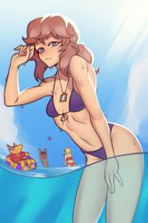 Rule 34 | 1boy, 3girls, a hat in time, absurdres, aged up, alternate costume, beach, bikini, blonde hair, blue eyes, blue sky, bow kid, breasts, brown hair, conductor (a hat in time), dark-skinned female, dark skin, day, fujimna, hat kid, highres, innertube, jewelry, looking at viewer, multiple girls, mustache girl, navel, necklace, outdoors, purple bikini, short hair, short ponytail, sky, small breasts, swim ring, swimsuit, toned, wet