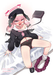 Rule 34 | 1girl, afterimage, arm support, bag, bed, beret, black footwear, black hat, black panties, black shirt, black wings, blue archive, blush, bow, bow panties, feathered wings, flapping, halo, hat, head wings, heart, highres, koharu (blue archive), leaning back, leonat, long hair, long sleeves, looking at viewer, loose socks, neckerchief, nose blush, open mouth, panties, pink hair, pink neckerchief, pleated skirt, polka dot, polka dot panties, puffy long sleeves, puffy sleeves, purple eyes, purple skirt, sailor collar, school uniform, serafuku, shirt, shoes, shoulder bag, sitting, skirt, skirt around one leg, socks, solo, twintails, underwear, white background, white sailor collar, white socks, wings