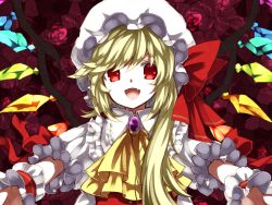 Rule 34 | 1girl, ascot, bad id, bad pixiv id, blonde hair, colored eyelashes, crystal, fang, flandre scarlet, hat, hat ribbon, highres, looking at viewer, mob cap, open mouth, outstretched arms, puffy sleeves, red eyes, ribbon, shirt, short sleeves, side ponytail, slit pupils, smile, solo, touhou, upper body, vest, wings, wrist cuffs, yuka yukiusa