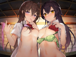 Rule 34 | 2girls, ahoge, black hair, bow, bowtie, bra, breasts, brown hair, cleavage, collared shirt, commentary request, licking finger, fisheye, green bra, indoors, licking, long hair, looking at viewer, medium breasts, multiple girls, nail polish, navel, open clothes, open shirt, original, pink nails, purple bra, purple eyes, red neckwear, shirt, short sleeves, side-by-side, stomach, tetsubuta, tongue, tongue out, underwear, upper body, white shirt, yellow eyes