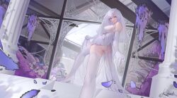Rule 34 | 1girl, absurdres, ass, azur lane, blue eyes, bridal veil, dress, elbow gloves, flower, foot out of frame, from behind, from below, gloves, halter dress, halterneck, highres, illustrious (azur lane), illustrious (morning star of love and hope) (azur lane), jewelry, lace, lace-trimmed dress, lace trim, long hair, looking at viewer, looking back, official alternate costume, ring, rose, scenery, shoes, thighhighs, veil, wedding dress, wedding ring, white dress, white flower, white gloves, white hair, white rose, white thighhighs, zhifu3711