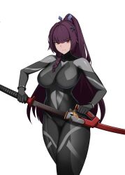 Rule 34 | 1girl, black bodysuit, bodysuit, breasts, cero (last2stage), closed mouth, commentary, commission, english commentary, hair ornament, highres, holding, holding weapon, large breasts, long hair, looking at viewer, original, ponytail, purple hair, red eyes, simple background, solo, thighs, weapon, white background