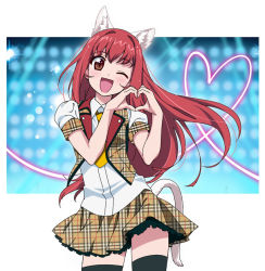 Rule 34 | 1girl, ;d, animal ears, blush, brown eyes, cat ears, cat tail, cowboy shot, head tilt, heart, heart hands, idol clothes, long hair, looking at viewer, necktie, one eye closed, open mouth, original, red hair, smile, solo, tail, tonbi