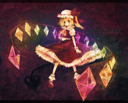 Rule 34 | 1girl, bad id, bad pixiv id, blonde hair, bobby socks, character name, english text, engrish text, female focus, flandre scarlet, glowing, glowing wings, hat, kashiwaba hisano, laevatein, mary janes, purple background, rainbow order, ranguage, red eyes, shoes, side ponytail, skirt, skirt set, socks, solo, standing, touhou, wings