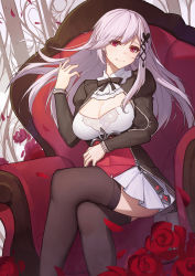 Rule 34 | 1girl, arm across waist, azur lane, bad id, bad pixiv id, blush, breasts, brown thighhighs, butterfly hair ornament, catsmoon, cleavage, cleavage cutout, closed mouth, clothing cutout, crossed legs, dress, dunkerque (azur lane), floating hair, grey hair, hair ornament, hair ribbon, hand up, highres, juliet sleeves, large breasts, long hair, long sleeves, looking at viewer, petals, pink eyes, puffy sleeves, ribbon, sidelocks, sitting, smile, solo, thighhighs, thighs, tress ribbon