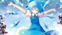 Rule 34 | 1girl, blue bow, blue dress, blue hair, bow, cirno, commentary request, cowboy shot, dress, closed eyes, gengetsu chihiro, hair bow, highres, ice, ice wings, outstretched arms, puffy short sleeves, puffy sleeves, red neckwear, red ribbon, ribbon, short hair, short sleeves, smile, snowing, solo, touhou, wings