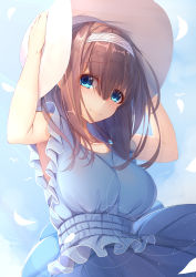 Rule 34 | 1girl, arms up, bare arms, blue dress, blue eyes, blue sky, blush, breasts, brown hair, closed mouth, cloud, commentary request, day, dress, hair between eyes, hairband, hands on headwear, hat, head tilt, highres, idolmaster, idolmaster cinderella girls, idolmaster cinderella girls starlight stage, jewelry, long hair, medium breasts, nose blush, outdoors, pendant, petals, sagisawa fumika, sky, sleeveless, sleeveless dress, smile, solo, tatapopo, very long hair, white hairband, white hat