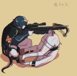 Rule 34 | 2boys, aiming, arknights, armband, blue hair, bolt, bow (weapon), crossbow, faust (arknights), mephisto (arknights), multiple boys, natsutrauma, reunion logo (arknights), scope, shorts, socks, tail, upside-down, vertical forward grip, weapon, white hair
