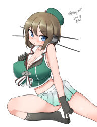 Rule 34 | 1girl, absurdres, beret, black socks, blue eyes, breasts, brown hair, cleavage, dated, green hat, green shirt, hair ornament, hairclip, hat, highres, kantai collection, large breasts, maru (marg0613), maya (kancolle), maya kai ni (kancolle), one-hour drawing challenge, pleated skirt, sailor collar, shirt, short hair, simple background, skirt, sleeveless, sleeveless shirt, socks, solo, twitter username, white background, white sailor collar, white skirt, x hair ornament