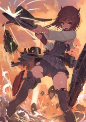 Rule 34 | 10s, 1girl, abyssal ship, bad id, bad twitter id, bike shorts, bow (weapon), brown eyes, brown hair, cameltoe, crossbow, dutch angle, flat chest, grey thighhighs, headband, kantai collection, ladic, outdoors, pleated skirt, short hair, skirt, solo, taihou (kancolle), thighhighs, torn bike shorts, torn clothes, torn thighhighs, weapon