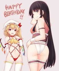 Rule 34 | 2girls, alternate costume, arm up, armlet, ascot, ass, bare arms, bare shoulders, black eyes, black hair, blonde hair, blush, bow, breasts, bridal garter, choker, collarbone, commentary request, cowboy shot, crystal, detached sleeves, flandre scarlet, gluteal fold, grey background, hair between eyes, hand up, happy birthday, harness, hat, hat bow, highres, houraisan kaguya, leotard, light smile, long hair, looking at viewer, medium breasts, miyo (ranthath), mob cap, multiple girls, navel, o-ring, obi, one side up, open mouth, outline, panties, pink outline, purple sash, red bow, red choker, red eyes, red leotard, revealing clothes, ribbon, sash, sidelocks, simple background, sleeveless, small breasts, standing, stomach, thighhighs, thighs, touhou, underwear, very long hair, white hat, white legwear, white panties, wings, wristband, yellow ascot, yellow ribbon