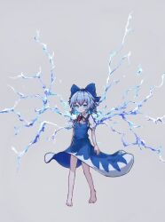 Rule 34 | 1girl, arms at sides, bare arms, bare legs, barefoot, blue bow, blue dress, blue eyes, blue hair, blue theme, bow, breasts, cirno, closed mouth, dress, expressionless, full body, grey background, highres, ice, ice wings, light blue hair, looking at viewer, myui17901139, neck ribbon, red ribbon, ribbon, shirt, short hair, short sleeves, sidelocks, simple background, small breasts, solo, standing, toes, touhou, white shirt, wings