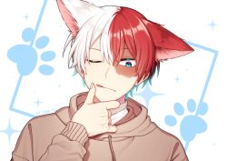 Rule 34 | 1boy, @ (symbol), animal ears, artist name, boku no hero academia, brown hoodie, burn scar, commentary request, dog ears, face, grey eyes, highres, hood, hoodie, looking at viewer, lukapang, male focus, multicolored hair, one eye closed, paw print, red hair, scar, short hair, solo, todoroki shouto, tongue, tongue out, two-tone hair, white hair