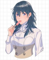 Rule 34 | 1girl, 4ki ori9, ascot, blue hair, buttons, byleth (female) (fire emblem), byleth (fire emblem), commentary request, cropped torso, fingernails, fire emblem, fire emblem: three houses, food, food in mouth, garreg mach monastery uniform, hair between eyes, highres, holding, holding food, holding popsicle, long hair, long sleeves, nintendo, official alternate costume, popsicle, popsicle in mouth, purple eyes, shirt, solo, sweat, uniform, white ascot, white background, white shirt