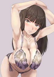 Rule 34 | 10s, 1girl, armpits, bad id, bad pixiv id, black hair, blunt bangs, blush, bra, breasts, brown hair, cleavage, collarbone, covered erect nipples, cowboy shot, female focus, girls und panzer, hands on own head, hanging breasts, head tilt, highres, hime cut, lace, lace-trimmed bra, lace trim, large breasts, leaning forward, long hair, looking at viewer, mature female, nishizumi shiho, panties, purple background, purple bra, purple panties, side-tie panties, sikijou77o, solo, straight hair, underwear, underwear only