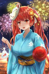 Rule 34 | 1girl, aerial fireworks, ahoge, amano kusatsu, azur lane, bag, bagged fish, bell, blue kimono, blush, breasts, candy apple, fireworks, fish, floral print, flower, food, fox mask, hair bell, hair flower, hair ornament, hair ribbon, highres, holding, holding bag, holding food, honolulu (azur lane), honolulu (among the stalls) (azur lane), japanese clothes, kimono, large breasts, long hair, looking at viewer, mask, mask on head, open mouth, pov, red eyes, red hair, ribbon, sash, solo, twintails, very long hair, yellow sash, yukata