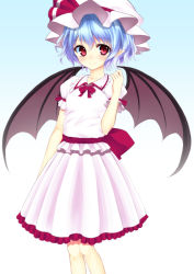 Rule 34 | bat wings, blouse, blue hair, bow, collared shirt, dress, frilled dress, frilled shirt, frilled skirt, frills, gradient background, hat, hat bow, junior27016, large bow, looking at viewer, mob cap, pink dress, pink shirt, pink skirt, pointy ears, puffy sleeves, red eyes, remilia scarlet, ribbon, shirt, short sleeves, simple background, skirt, skirt set, smile, solo, standing, touhou, wings