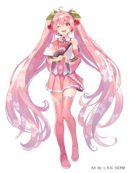 Rule 34 | 1girl, :d, artist name, bare shoulders, boots, cherry hair ornament, copyright notice, detached sleeves, food-themed hair ornament, full body, hair ornament, hand fan, hatsune miku, headset, holding, holding fan, knees together feet apart, long hair, long sleeves, looking at viewer, microphone, miniskirt, one eye closed, open mouth, own hands together, paper fan, pink footwear, pink hair, pink skirt, pink theme, pink thighhighs, red eyes, sakura miku, shirabi, simple background, skirt, smile, solo, thigh boots, thighhighs, twintails, very long hair, vocaloid, watermark, white background, wide sleeves, zettai ryouiki