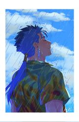 Rule 34 | 1boy, absurdres, blue hair, blue sky, border, cu chulainn (fate), earrings, eyelashes, facing up, fate (series), from side, green shirt, hal (haaaalhal), highres, jewelry, long hair, male focus, ponytail, rain, shirt, short sleeves, signature, sky, solo, upper body, water drop, wet face, white border