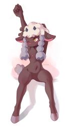 Rule 34 | 1girl, ancesra, animal ears, animal feet, animal nose, arms up, artist name, averting eyes, black horns, blush, braid, closed mouth, collarbone, completely nude, creatures (company), dark-skinned female, dark skin, ears down, female focus, flat chest, full body, furry, furry female, game freak, gen 8 pokemon, grey hair, happy, highres, holding own arm, hooves, horns, long hair, looking to the side, multicolored hair, navel, nintendo, nipples, nose blush, nude, one eye closed, personification, pokemon, pokemon (creature), pussy, sheep ears, sheep girl, sheep tail, shy, simple background, sitting, smile, solo, split mouth, stomach, stretching, tail, twin braids, twintails, two-tone hair, uncensored, watermark, white background, white hair, wooloo, yellow eyes