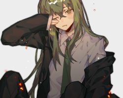 Rule 34 | 1boy, black jacket, blouse, collared shirt, drooling, green hair, green necktie, huabudong, jacket, lobotomy corporation, long hair, long sleeves, necktie, netzach (project moon), open clothes, open jacket, open mouth, project moon, rubbing eyes, shirt, solo, suit jacket, white background, white shirt, yellow eyes