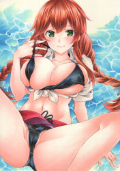 Rule 34 | beach, bikini, bikini pull, bikini under clothes, black bikini, breasts, cameltoe, clothes pull, green eyes, highres, kantai collection, large breasts, looking at viewer, marker (medium), noshiro (kancolle), open clothes, open shirt, red hair, saya pr, skindentation, spread legs, swimsuit, traditional media, twintails, upskirt, water