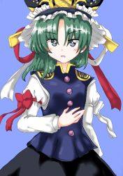 Rule 34 | 1girl, black skirt, blouse, blue background, blue eyes, blue hat, blue vest, blush, bow, breasts, buttons, commentary request, frilled hat, frills, green hair, hat, juliet sleeves, long sleeves, medium hair, momom pancake, open mouth, puffy sleeves, red bow, red ribbon, ribbon, shiki eiki, shirt, simple background, skirt, small breasts, touhou, v-shaped eyebrows, vest, white ribbon, white shirt, white sleeves