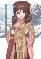 Rule 34 | 1girl, adapted costume, bow, breasts, brown hair, brown shawl, drill hair, hair between eyes, hair bow, hakama, harukaze (kancolle), hayashi naoharu, highres, holding, holding umbrella, japanese clothes, kantai collection, kimono, looking at viewer, medium breasts, meiji schoolgirl uniform, oil-paper umbrella, pink hakama, pink kimono, plaid shawl, red bow, red eyes, red hakama, shawl, solo, twin drills, umbrella, upper body