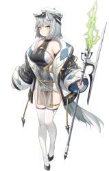 Rule 34 | 1girl, animal ear fluff, animal ears, armpit crease, bare shoulders, breasts, coat, dress, frown, full body, grey hair, halberd, halter dress, halterneck, hat, highres, holding, holding weapon, large breasts, long sleeves, looking at viewer, military hat, off shoulder, open clothes, open coat, original, peaked cap, pelvic curtain, polearm, ronopu, see-through, short hair, simple background, sleeveless, sleeveless dress, solo, tail, thighhighs, thighs, two-tone dress, weapon, white background, white coat, white dress, white hat, white thighhighs, wide sleeves, wolf ears, wolf girl, wolf tail, yellow eyes, zettai ryouiki