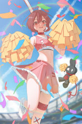 1girl @_@ absurdres ahoge animal_ears bananafish1111 bandaged_leg bandages bandaid bandaid_on_knee bandaid_on_leg black_sports_bra blue_sky blurry blurry_background blush brown_eyes brown_hair cheerleader commentary_request commission confetti crop_top frilled_skirt frills hands_up heart heart_ahoge highres holding holding_pom_poms indie_virtual_youtuber leg_up looking_at_viewer lumu_lemu miniskirt navel open_mouth outdoors pink_shirt pink_skirt pleated_skirt pom_pom_(cheerleading) pom_poms rabbit_ears sample_watermark shirt shoes short_hair skeb_commission skirt sky sleeveless sleeveless_shirt smile sneakers solo sports_bra standing standing_on_one_leg stomach thighs virtual_youtuber watermark white_footwear