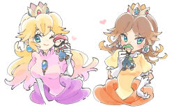 Rule 34 | 2girls, blonde hair, blue eyes, blue gemstone, blue overalls, brown hair, character doll, closed mouth, covering own mouth, crown, doll, dress, earrings, facial hair, flower earrings, gem, gloves, green shirt, hat, heart, highres, jewelry, long hair, luigi, mario, mario (series), multiple girls, mustache, nintendo, one eye closed, overalls, pink dress, princess daisy, princess peach, red shirt, shirt, smile, super mario bros. 1, super mario land, ukata, white gloves, yellow dress