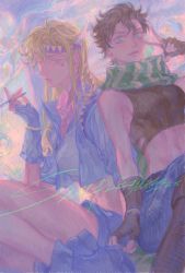 Rule 34 | 2girls, bare shoulders, battle tendency, blonde hair, blue eyes, blue jacket, boots, breasts, brown hair, bubble, caesar anthonio zeppeli, cropped shirt, denim, facial mark, feather hair ornament, feathers, fingerless gloves, genderswap, genderswap (mtf), gloves, green scarf, hair ornament, headband, highres, holding, holding smoking pipe, jacket, jeans, jojo no kimyou na bouken, joseph joestar, joseph joestar (young), long hair, midriff, mitus, multiple girls, pants, pastel colors, pink scarf, purple eyes, scarf, short hair, shorts, sideboob, small breasts, smoking pipe, sparkle, spiked hair, striped clothes, striped scarf, toned, triangle print, v
