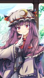 Rule 34 | 1girl, blunt bangs, blush, capelet, closed mouth, commentary request, crescent, crescent hat ornament, dress, finger to mouth, frilled sleeves, frills, gloves, hat, hat ornament, hat ribbon, head tilt, highres, long hair, long sleeves, looking at viewer, mob cap, patchouli knowledge, purple capelet, purple eyes, purple hair, red ribbon, ribbon, smile, solo, striped clothes, striped dress, touhou, upper body, vertical-striped clothes, vertical-striped dress, very long hair, white gloves, white hat, woruta (soloistlist)