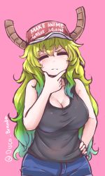Rule 34 | 10s, 1girl, baseball cap, blonde hair, breasts, cleavage, commentary, disco brando, dragon girl, emoji, closed eyes, gradient hair, green hair, hand on own hip, hand on own chin, hat, headwear writing, kobayashi-san chi no maidragon, large breasts, lucoa (maidragon), make america great again, multicolored hair, pink background, shorts, simple background, solo, source quote parody, stroking own chin, tank top, thinking emoji, twitter username, wavy hair