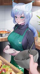 Rule 34 | 1girl, animal ears, apron, azur lane, blue eyes, blue hair, breasts, commission, cooking, enforcer vi combination (azur lane), highres, kitchen, large breasts, looking at viewer, pov, siren (azur lane), smile, sweater, tongue, tongue out, turtleneck, turtleneck sweater, zeragoes