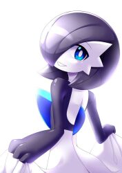 Rule 34 | 1other, alternate color, black hair, black skin, blue eyes, blue skin, clothes lift, colored skin, creatures (company), dress, dress lift, from behind, game freak, gardevoir, gen 3 pokemon, hair over one eye, highres, looking at viewer, looking back, medium hair, mgx0, multicolored skin, nintendo, pokemon, pokemon (creature), simple background, upper body, white background, white skin