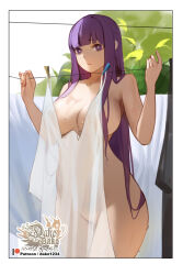 Rule 34 | 1girl, :t, artist logo, blunt bangs, breasts, clothes pin, clothesline, collarbone, commentary, completely nude, convenient censoring, english commentary, fern (sousou no frieren), hands up, highres, hu dako, large breasts, long hair, looking at viewer, mole, mole on breast, nude, paid reward available, patreon username, pout, purple eyes, purple hair, see-through, sidelocks, simple background, solo, sousou no frieren, straight hair, wet