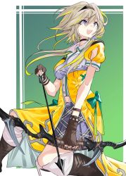Rule 34 | 1girl, :d, arrow (projectile), black choker, black hairband, blonde hair, blue bow, boots, bow, bow (weapon), choker, copyright request, fold-over boots, gradient bow, green background, hairband, hiyoku no crosspiece, holding, holding arrow, holding bow (weapon), holding weapon, megame (okbnkn), midriff peek, miniskirt, nanashi inc., navel, open mouth, pleated skirt, ponytail, puffy short sleeves, puffy sleeves, purple eyes, purple skirt, short sleeves, skirt, smile, solo, virtual youtuber, weapon