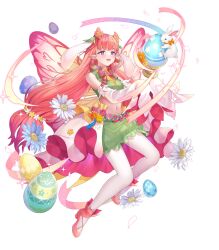 Rule 34 | 1girl, animal ears, attack, bare shoulders, crop top, egg, fairy, fairy wings, fake animal ears, fire emblem, fire emblem heroes, flower, green skirt, hair flower, hair ornament, highres, long hair, long sleeves, midriff, mirabilis (fire emblem), mirabilis (spring) (fire emblem), navel, nintendo, non-web source, official alternate costume, official art, open mouth, pantyhose, pink footwear, pink hair, pointy ears, rabbit, rabbit ears, skirt, sleeves past fingers, sleeves past wrists, smile, solo, very long sleeves, white pantyhose, wings